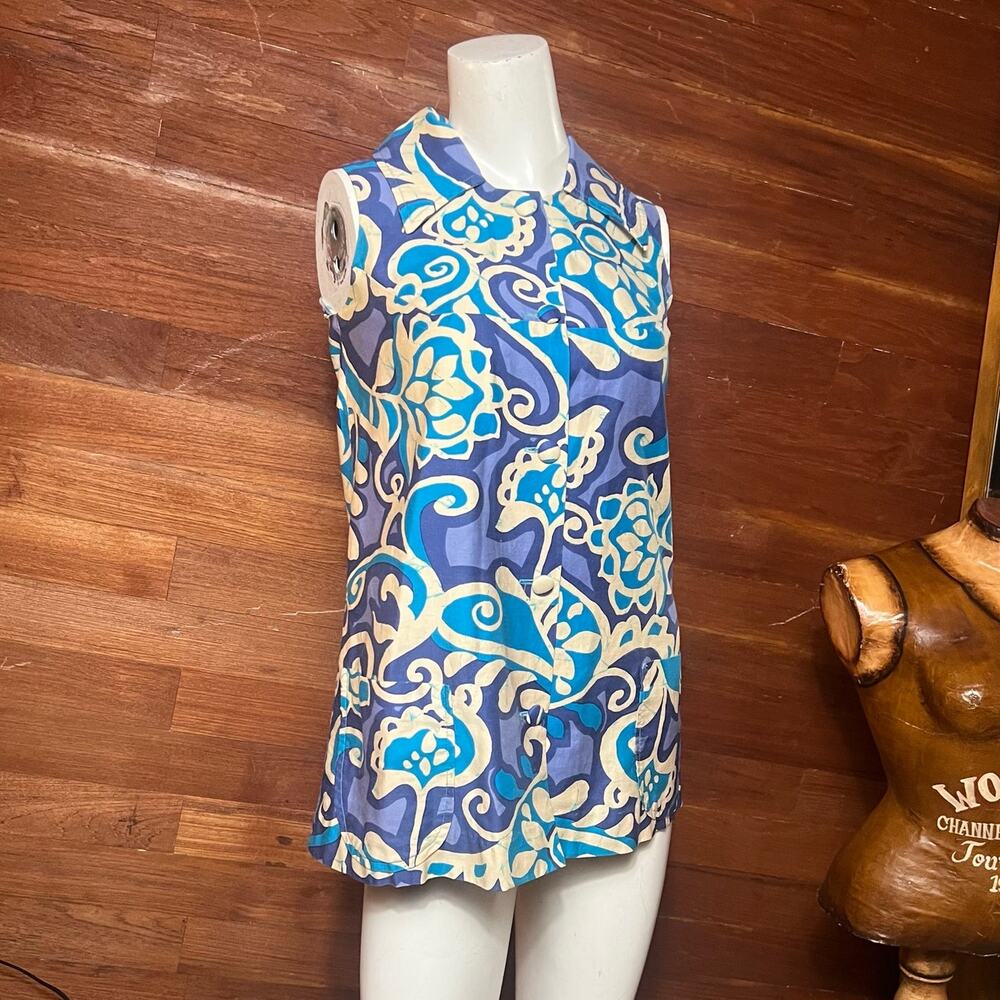 VINTAGE 70s Tiki Mid Century Hawaiian Tank Top Size S Mini Dress Mod Sleeveless